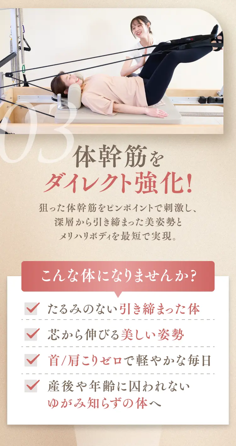 体幹筋をダイレクト教科！狙った体幹筋をピンポイントで刺激し、真相から引き締まった美姿勢とメリハリボディを最短で実現。