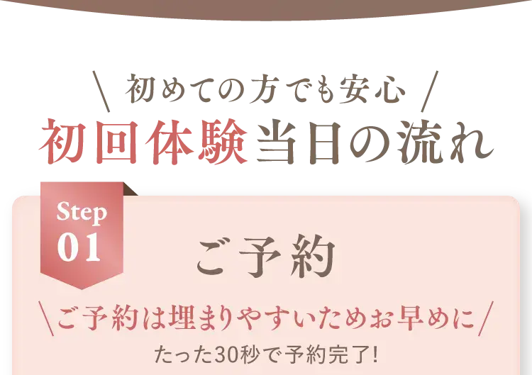 ＼初回体験当日の流れ／ Step01 ご予約 ＼ご予約は埋まりやすいためお早めに／たった30秒で予約完了！