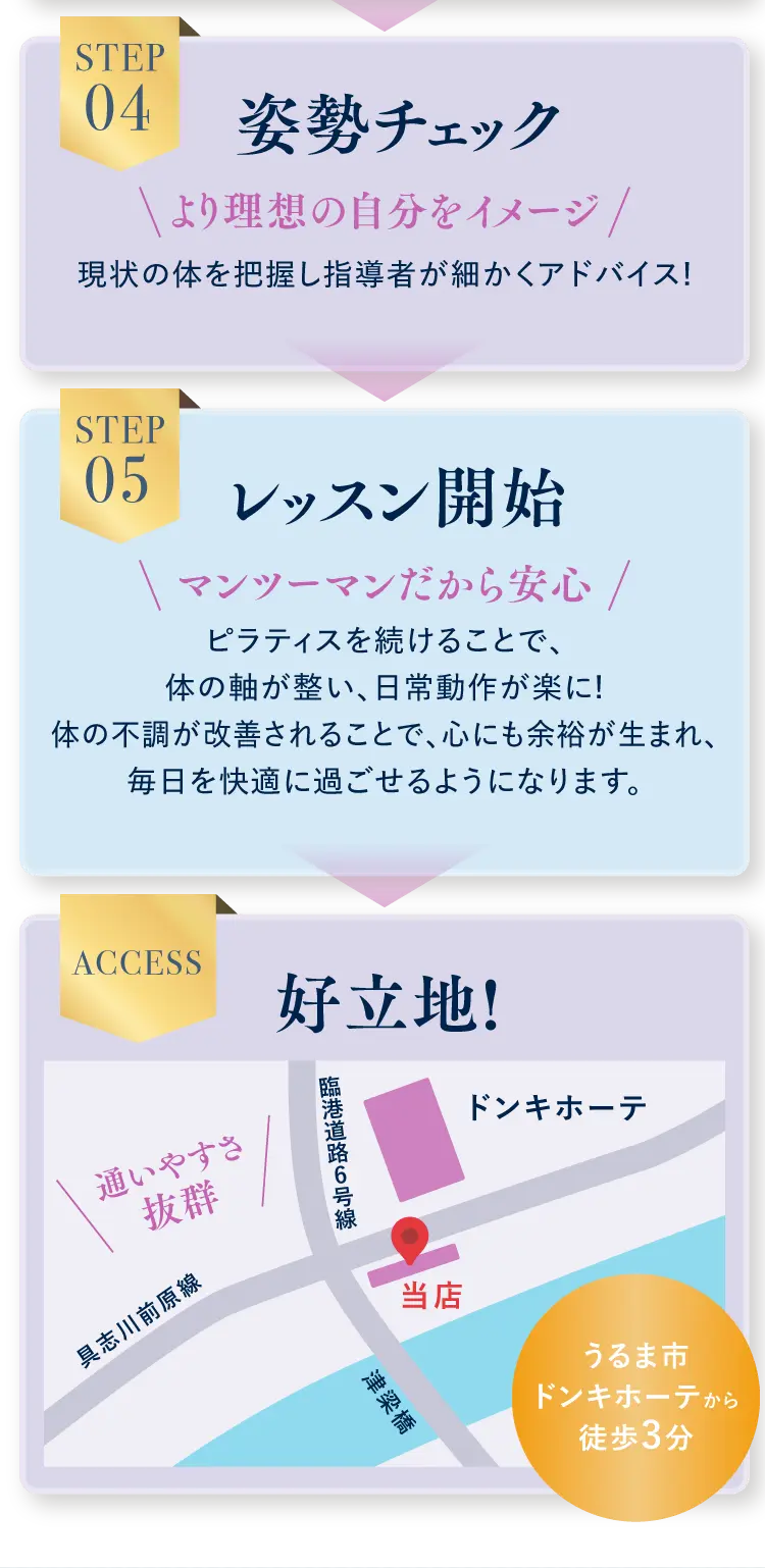 STEP04.姿勢チェック STEP05.レッスン開始 マンツーマンだから安心　好立地！うるま市ドンキホーテから徒歩3分